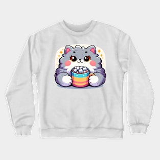 Fluffy grey cat drinking hot chocolate Crewneck Sweatshirt